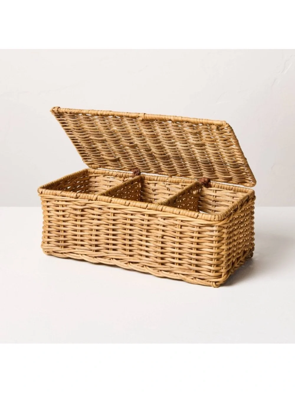 Hearth & Hand SMALL Rattan Storage Basket w/ Divided Compartments with Lid NEW